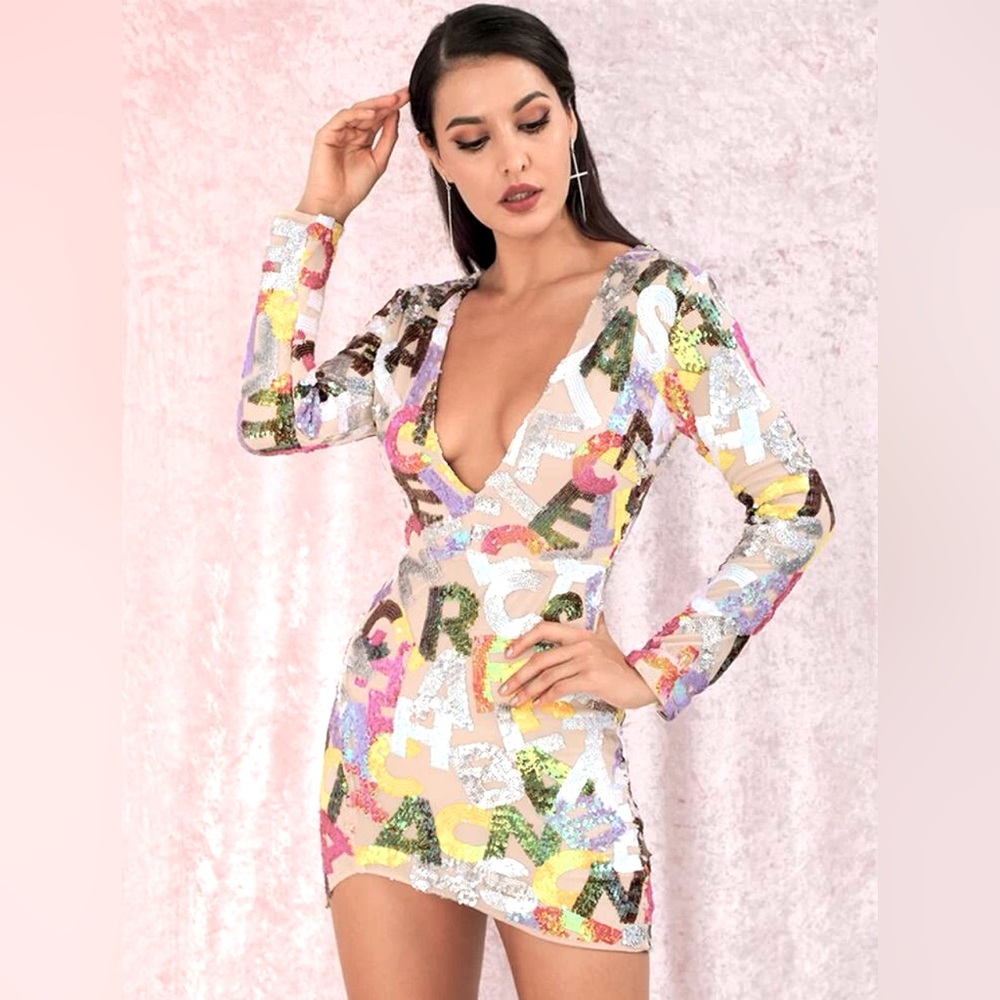LOVE&LEMONADE Sequin Letter Mesh Overlay Dress